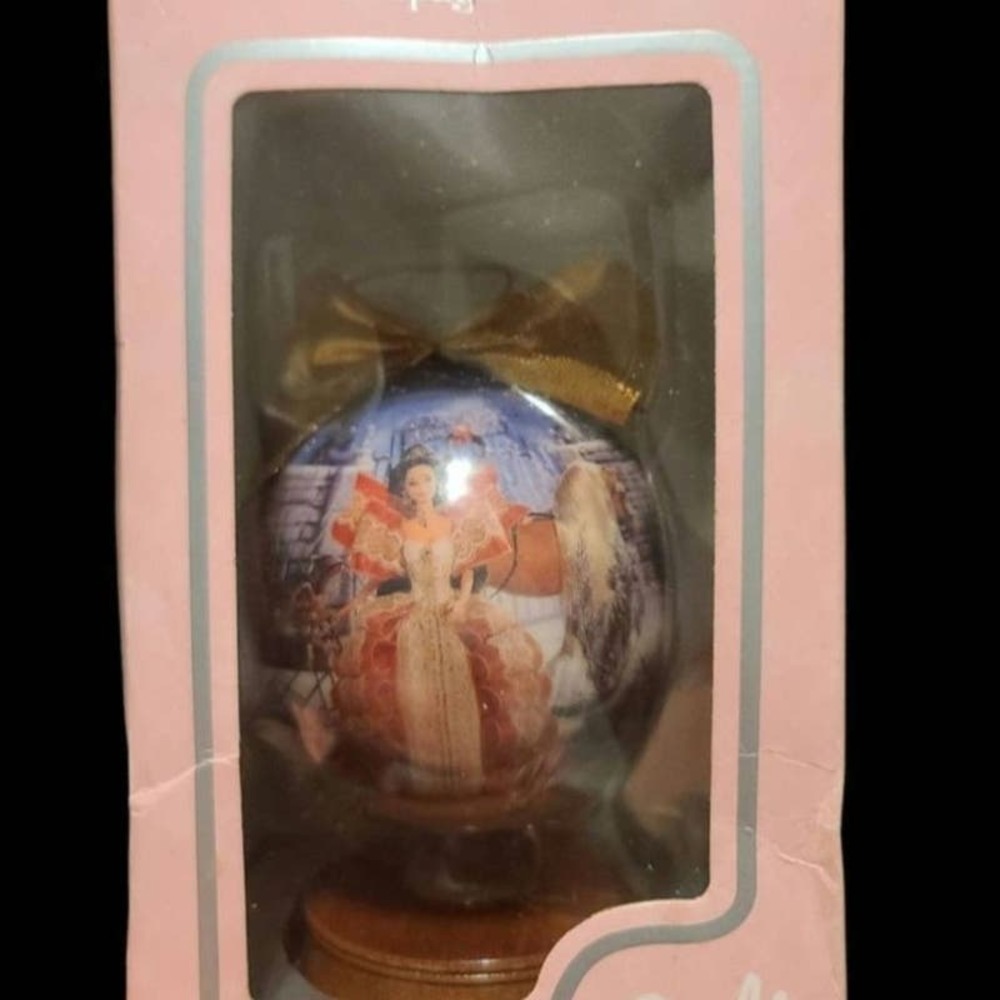 1997 Holiday Barbie Decoupage Ornament 4” with Wooden Stand and Box Christmas